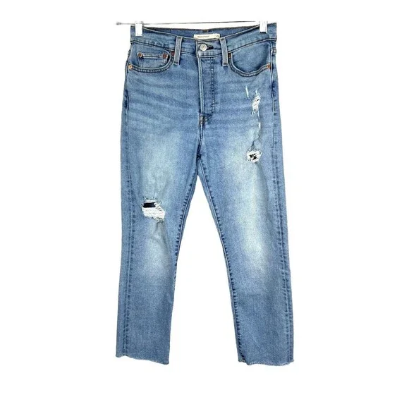 Levi Wedgie Straight Ankle Jeans Sz 28 Frayed Hem Distressed - Picture 1 of 9